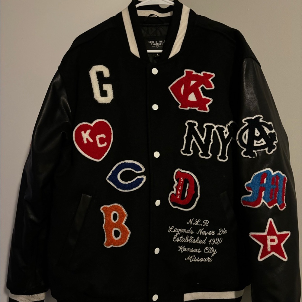 Ebbets Field Flannels Black Varsity Jacket with Colorful Patches • Slightly Used